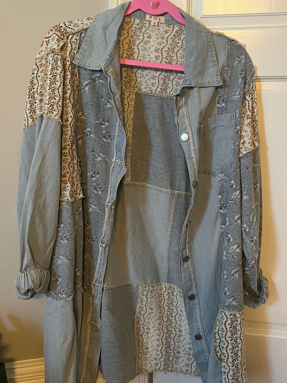 POL Light Gray Patchwork Jean shirt with Floral Panels